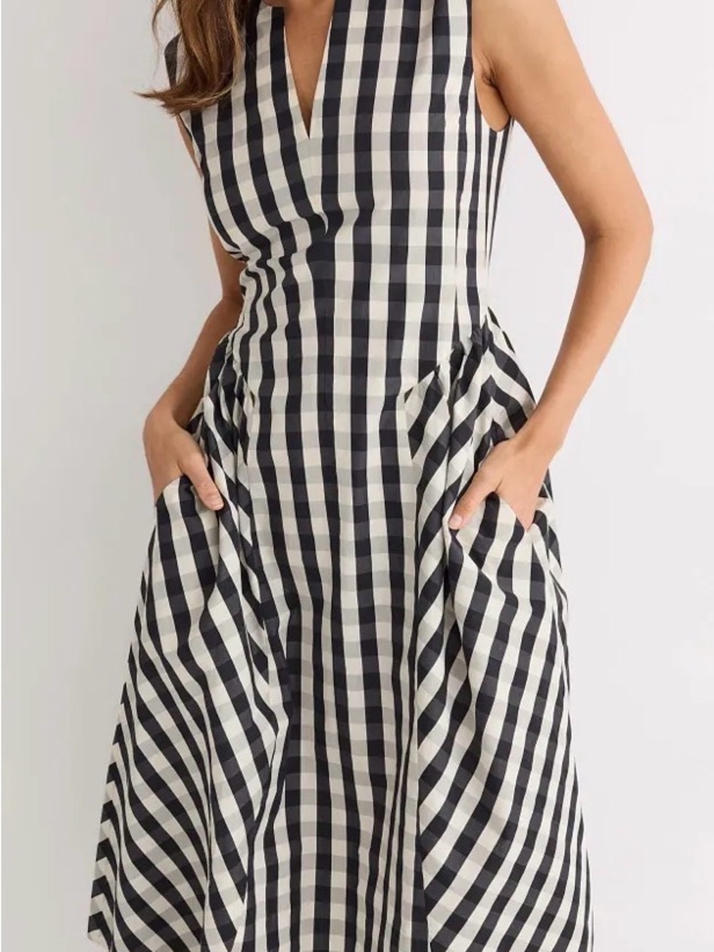 Tanya Taylor Black and White Gingham V-Neck Midi Dress